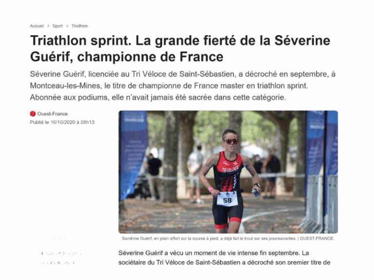 Article Ouest-France consacré à Séverine Guérif, championne de France de triathlon sprint en catégorie master à Montceau-les-Mines en 2020.